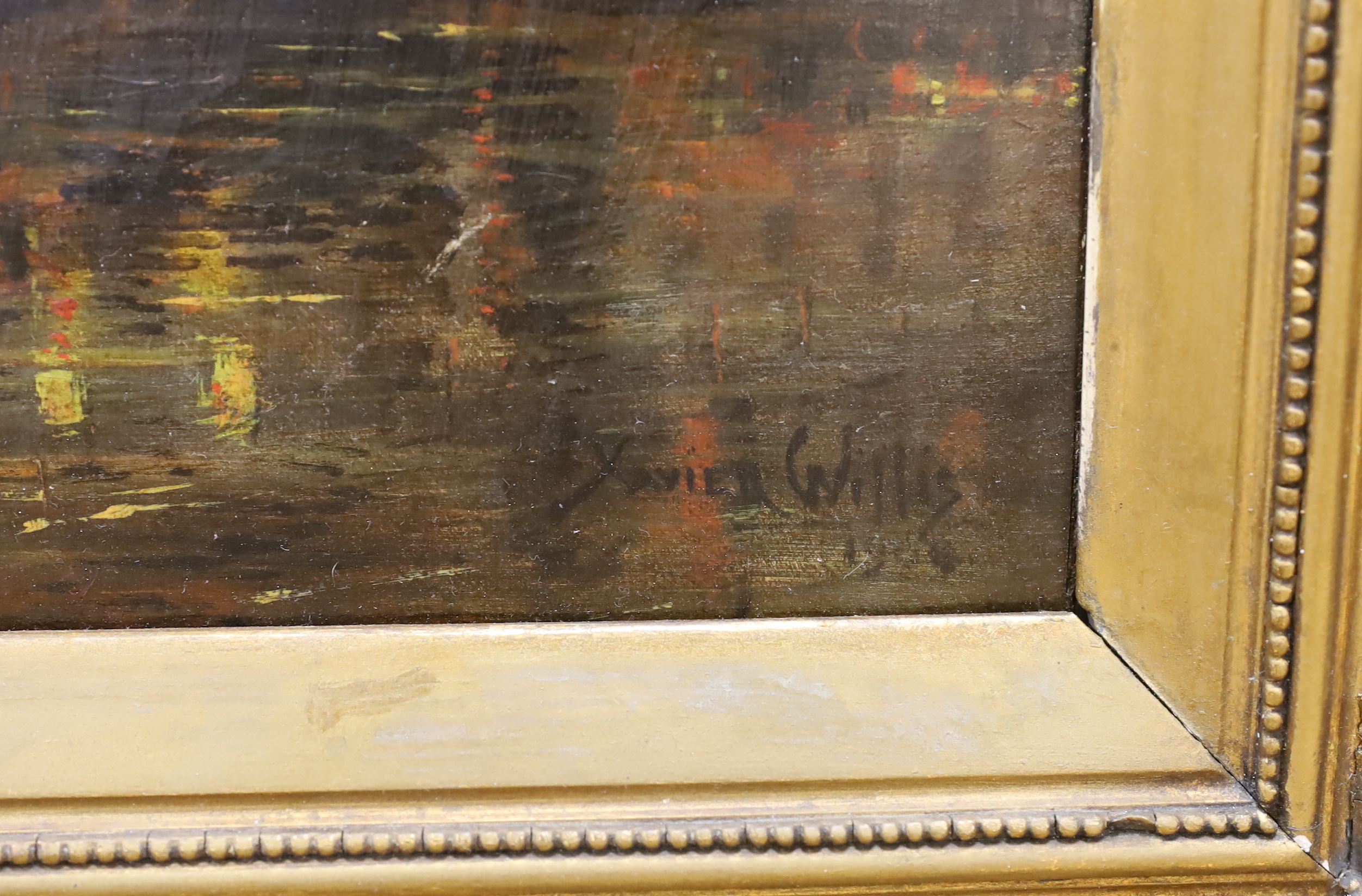 Xavier Willis (20th. C), oil on canvas, 'The Great Fire Olantigh Towers 11th Dec. 1903', signed and dated 1904, applied plaque to the frame, 39 x 64cm
